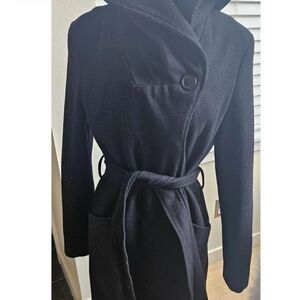 Merona Women's Black Wool Blend Belted Coat Wool Trench Coat Jacket M Versatile